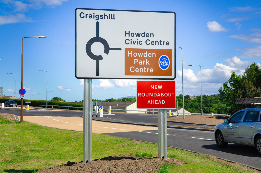 Road sign at Craigshill with passive sign supports to reduce crash impact